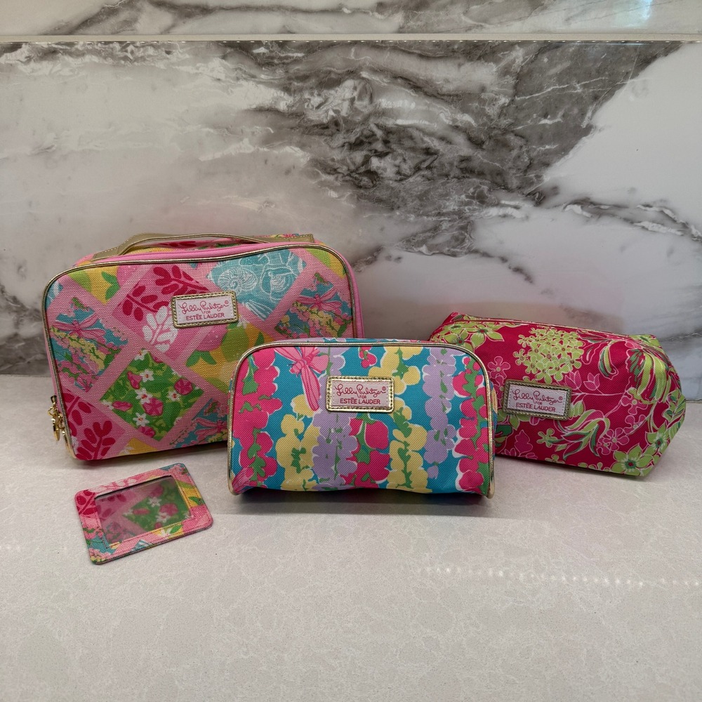 Lilly Pulitzer Estee Lauder 3 Piece Makeup Bag Set Mirror Floral Spring 2013 NWT